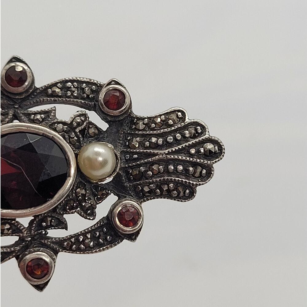 Vintage Sterling Silver Marcasite Pearl Brooch Coquette Art Deco Pin - Picture 7 of 15